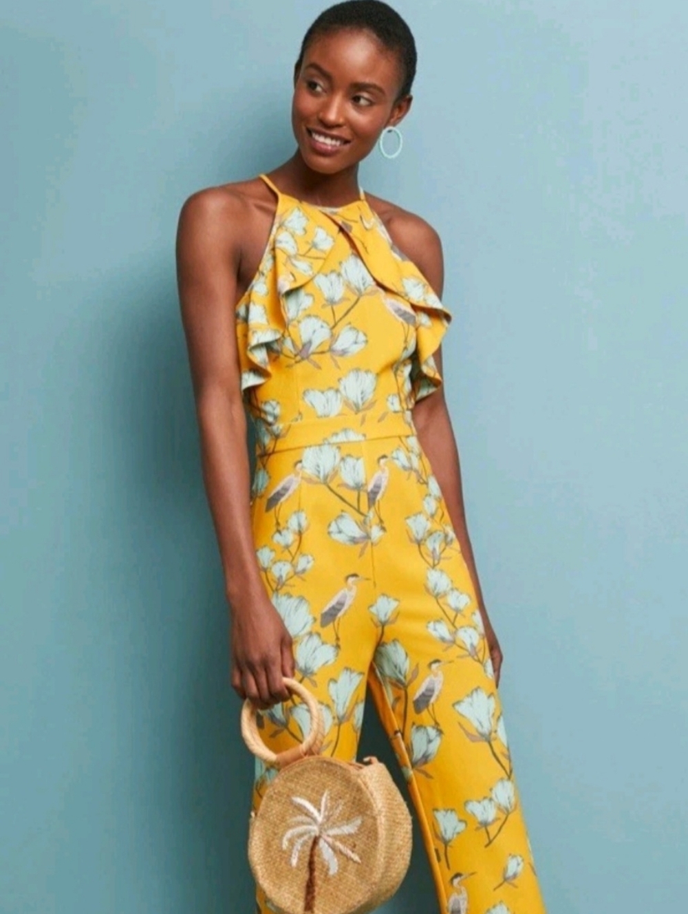 Anthropologie Varun Bahl Warbler Ruffled Crane Floral Jumpsuit Size 8 Yellow